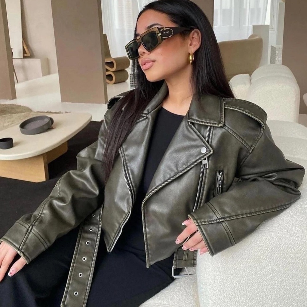 ZARA Molly Mae KHAKI CHARCOAL OVERSIZED BELTED ZIPPER FAUX LEATHER BIKER JACKET